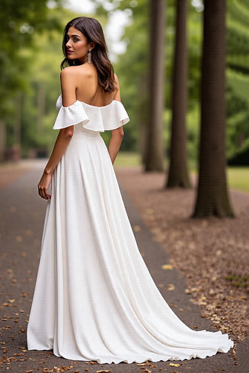 Off The Shoulder Ruffled A Line White Wedding Dress